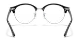 The Ray-Ban CLUBROUND RX4246V Eyeglasses in black and silver, size 49, feature a metal nose bridge and clear lenses that elegantly highlight their timeless round shape.