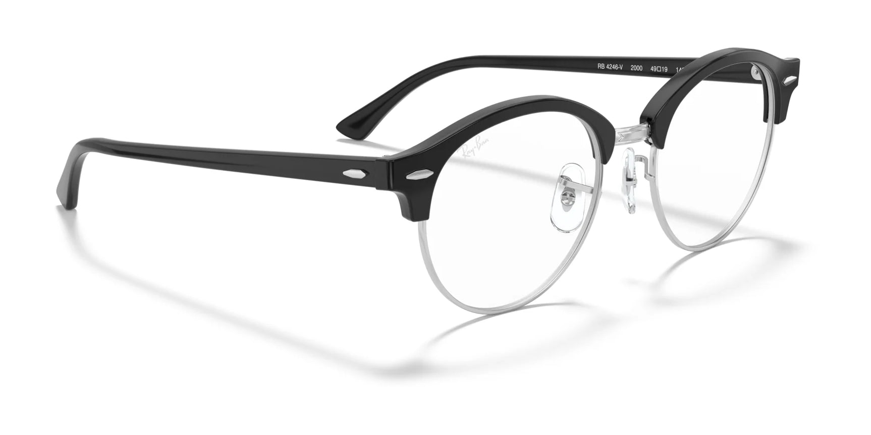 Ray-Ban CLUBROUND RX4246V Eyeglasses in black and silver, showcasing clear round lenses on a pristine white background, size 49.