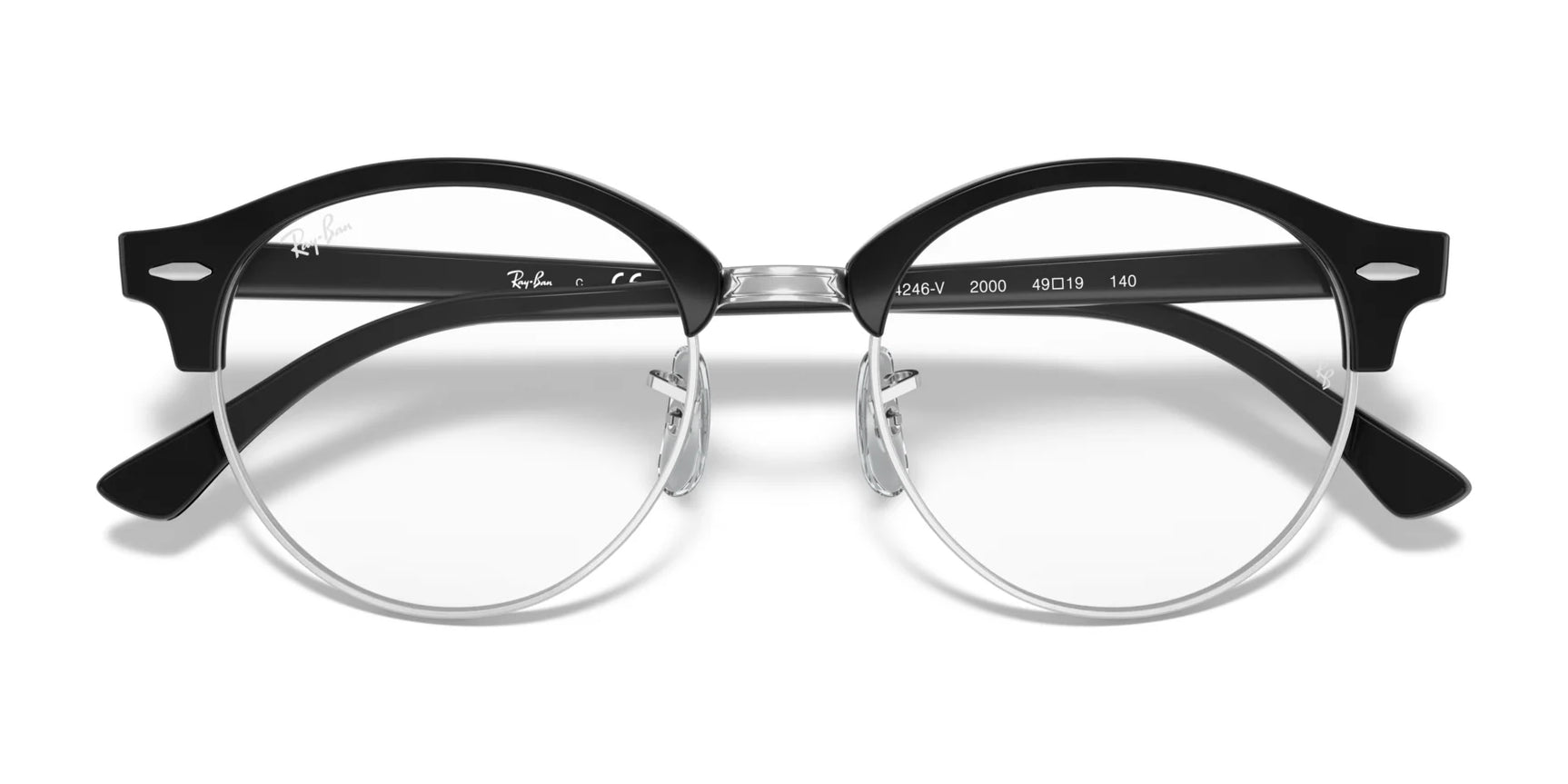 Discover the iconic Ray-Ban CLUBROUND RX4246V eyeglasses. These black round-frame glasses with a silver bridge and clear lenses offer timeless style from the front view. Size: 49.