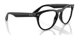 The Ray-Ban IRIS RX4471V Eyeglasses in size 54 feature a sleek black acetate frame with clear lenses and a silver logo on the arm. Elegantly reflected on a white surface, these prescription-ready eyeglasses epitomize the ultimate in trendy eyewear while offering vision correction and stylish appeal.