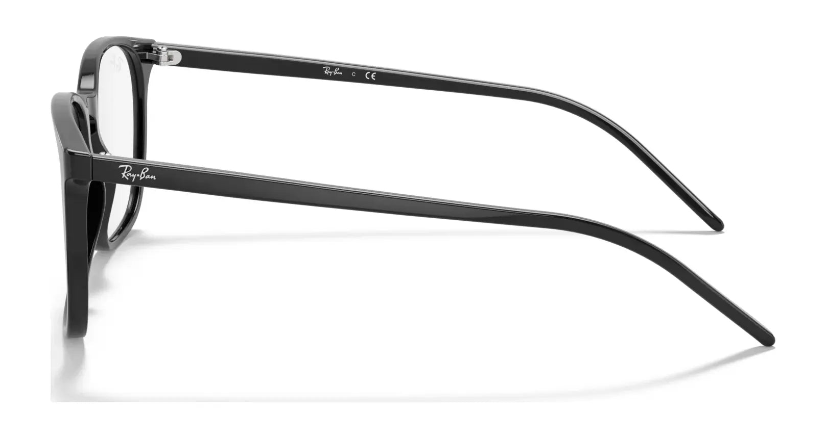 Side view of the Ray-Ban RX5387F eyeglasses in black, featuring the iconic logo on the temple arm, crafted from premium acetate frames and ready for prescription lenses.