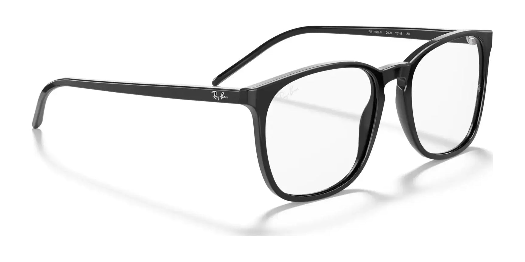 The Ray-Ban RX5387F eyeglasses, size 54, showcase a chic square design with black acetate frames and crystal-clear, prescription-ready lenses, viewed from a slight angle.