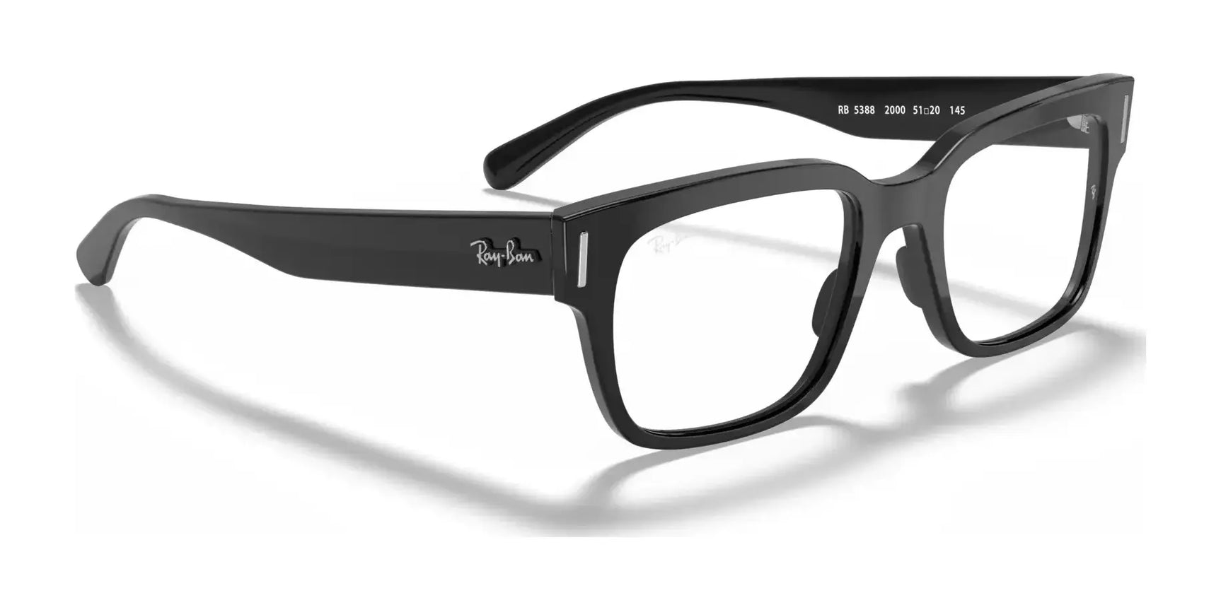 Ray-Ban JEFFREY RX5388 Eyeglasses, boasting black square frames and clear lenses with the iconic logo on the temple, are an ideal choice for sophisticated men's eyewear.