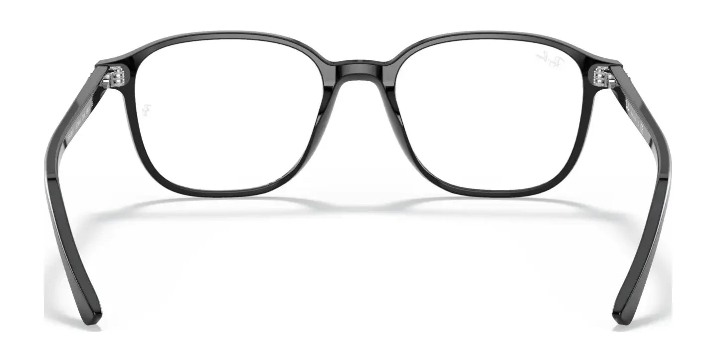 The Ray-Ban LEONARD RX5393F Eyeglasses | Size 53 feature a sleek black rectangular full-rim frame with clear lenses, elegantly showcased against a pristine white background.