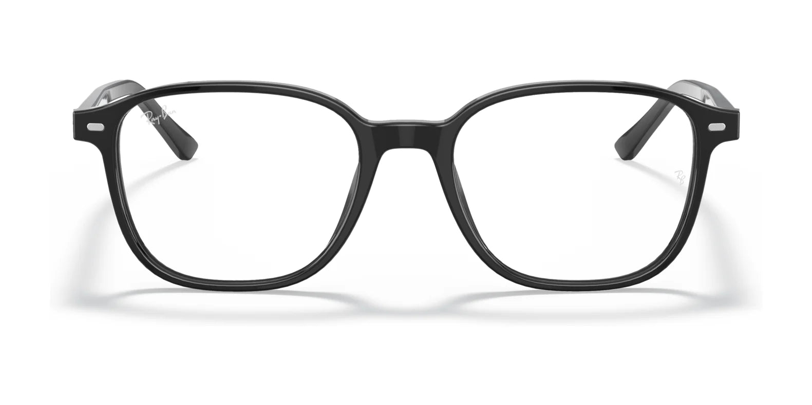 The Ray-Ban LEONARD RX5393F eyeglasses, featuring full-rim black rectangular frames with a thin design, are elegantly displayed against a white background, capturing the essence of the iconic style.