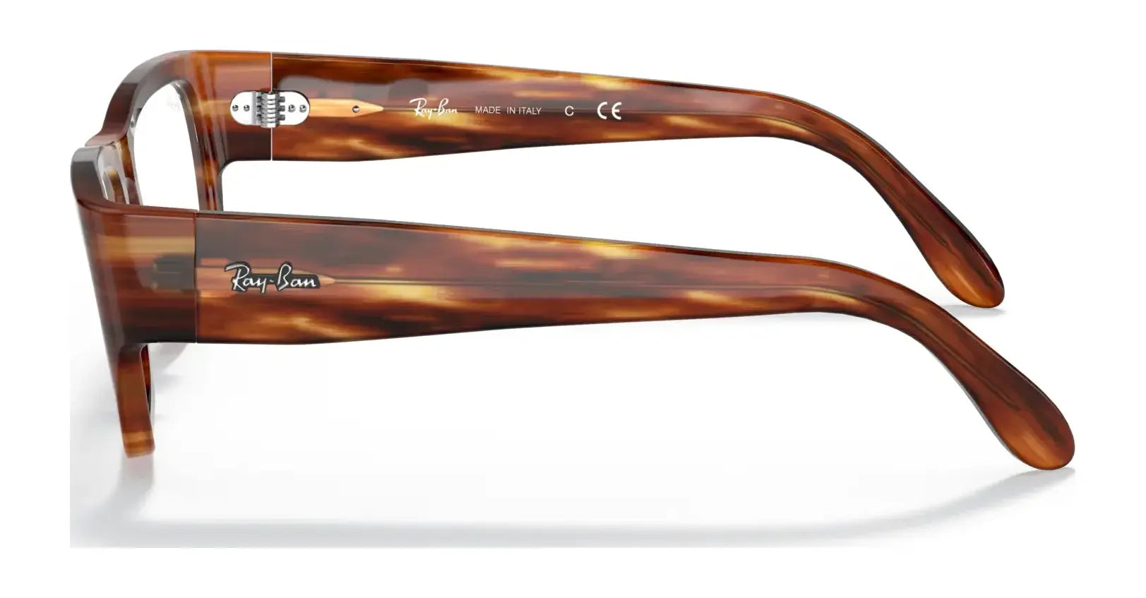 Side view of brown tortoiseshell Ray-Ban NOMAD WAYFARER RX5487 eyeglasses, featuring square acetate frames with the "Ray-Ban" logo etched on the temples, and a prescription-ready design in size 54.