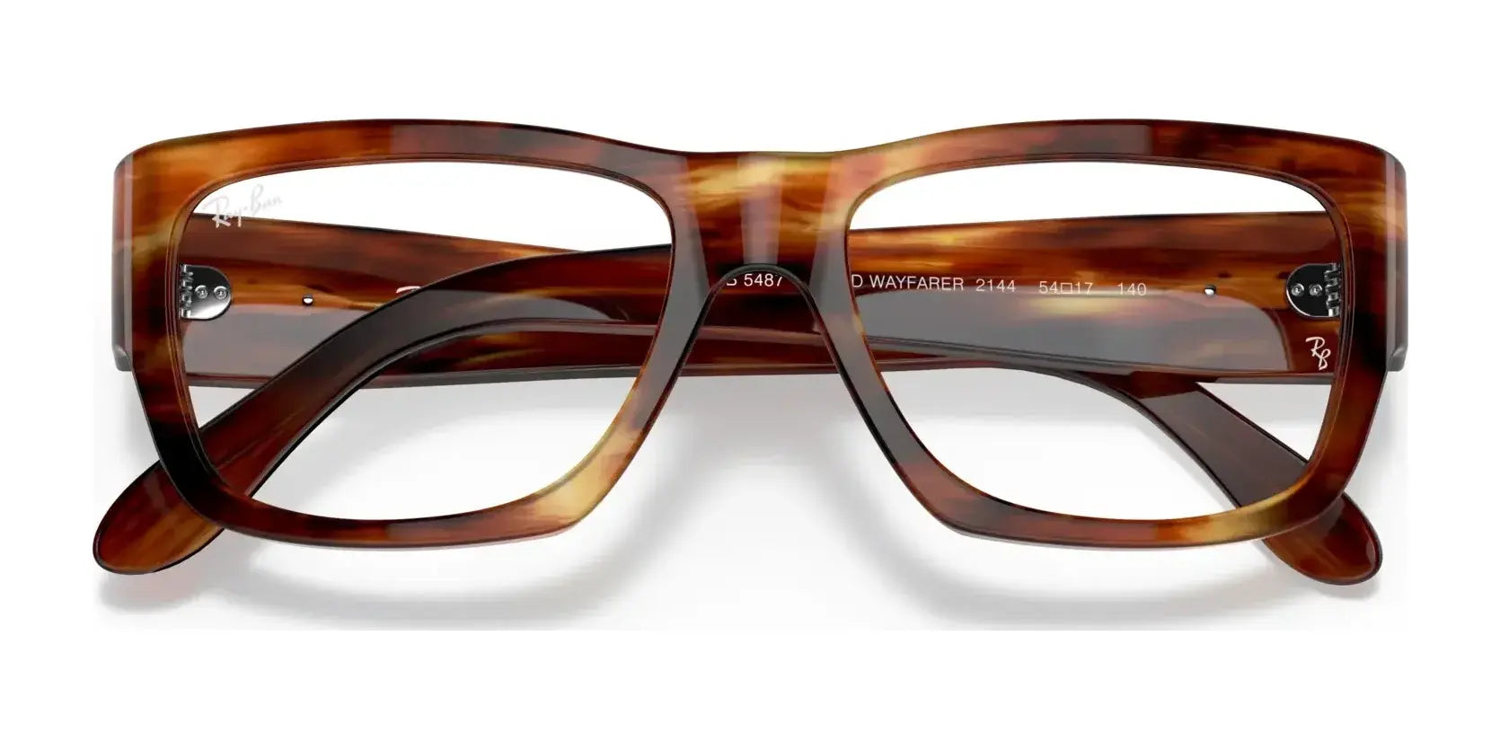 Detailed view of the Ray-Ban NOMAD WAYFARER RX5487 Eyeglasses, size 54, featuring brown tortoiseshell rectangular frames with silver hinges and a brand logo on the temple; these eyeglasses are prescription ready and evoke the iconic design of Ray-Ban Wayfarer.