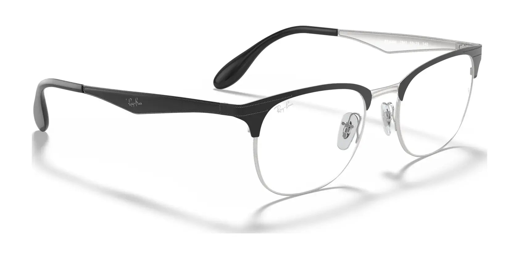 The Ray-Ban RX6346 Eyeglasses in size 52 showcase a sleek black and silver metal frame designed for crystal-clear vision, enhanced with transparent lenses and adjustable nose pads to ensure comfort.