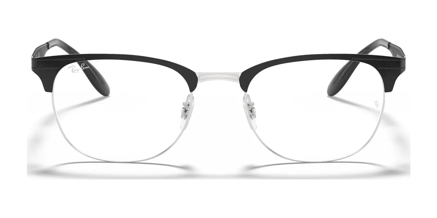 Enjoy crystal-clear vision with these Ray-Ban RX6346 Eyeglasses in black and silver, featuring a rimless design, straight bridge, and adjustable nosepads for a perfect fit.