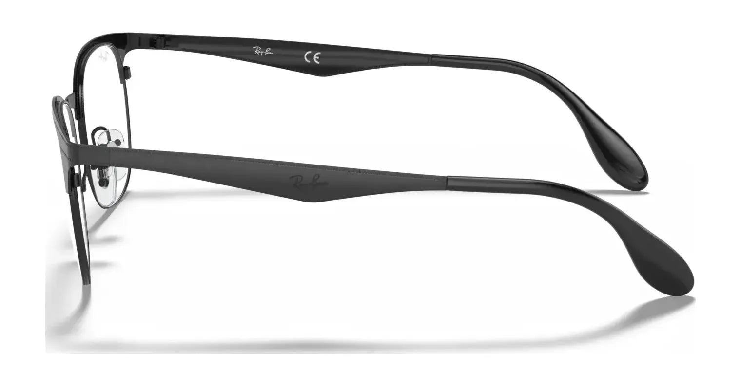 Side profile of the Ray-Ban RX6346 Eyeglasses Size 52, showcasing the black frames and clear lenses, complete with adjustable nosepads for an optimal fit and crystal-clear vision.