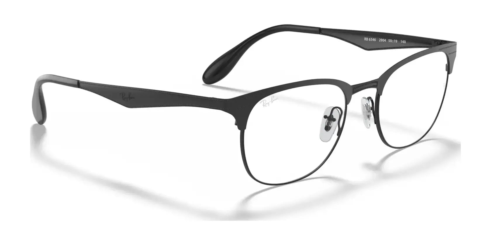 The Ray-Ban RX6346 Eyeglasses, available in size 52, showcase sleek black frames with thin metal rims and adjustable nose pads, ensuring crystal-clear vision against a sophisticated white backdrop.