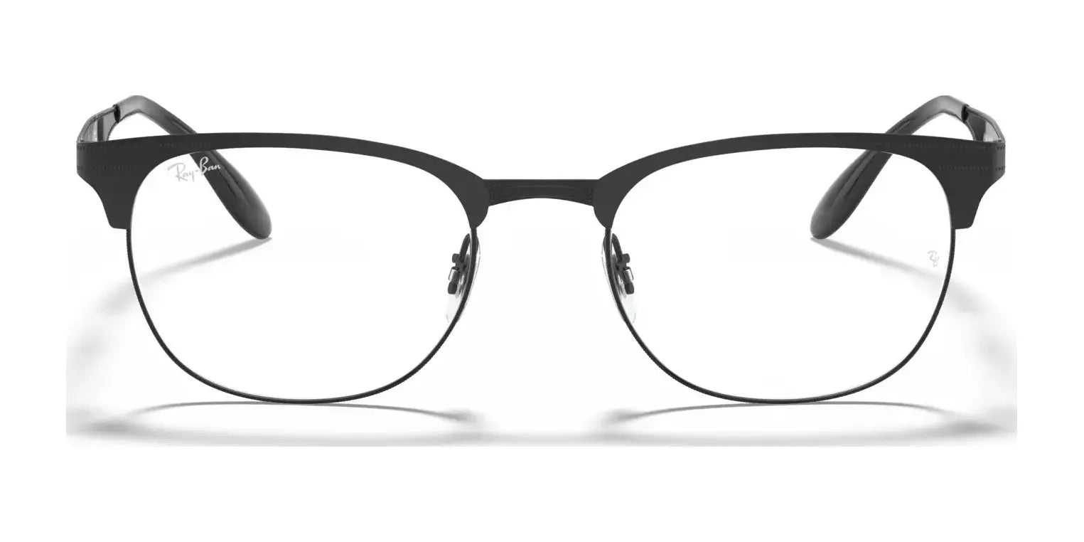 The Ray-Ban RX6346 Eyeglasses in a black frame, featuring adjustable nosepads, provide crystal-clear vision against a plain background.