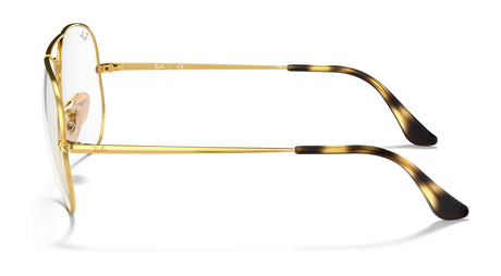 The side view highlights Ray-Ban AVIATOR RX6489 eyeglasses with gold frames and tortoiseshell tips. Silhouetted on a white background, they are prescription ready and ooze elegance.