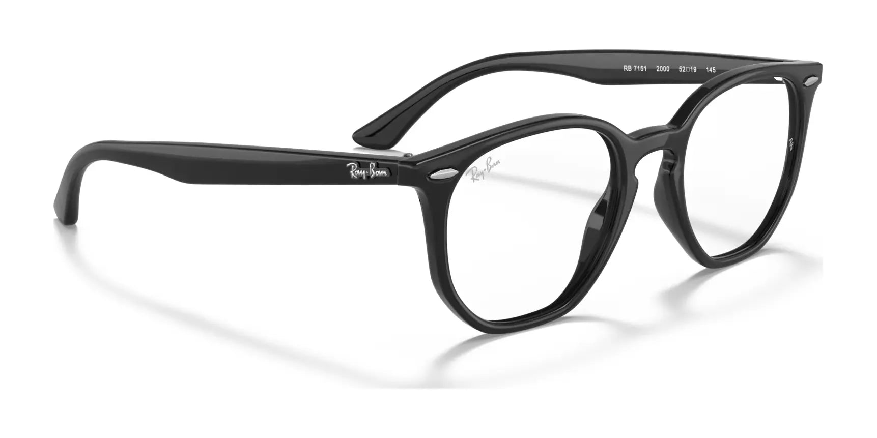 The Ray-Ban HEXAGONAL RX7151 Eyeglasses in sleek black, with round lenses and bold frames, viewed at an angle, provide fashionable UV protection for your eyes.