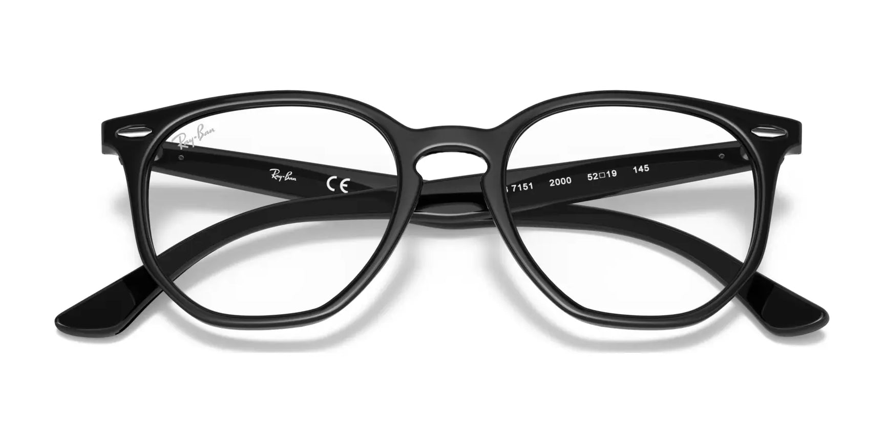 Ray-Ban HEXAGONAL RX7151 eyeglasses in a sleek black frame, combining style and UV protection, set against a white background.