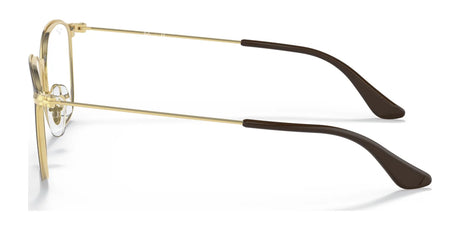 Side view of the thin gold-framed Ray-Ban RY1056 Eyeglasses in Size 46, featuring a square shape with dark brown plastic temple tips, set against a white background and elegantly designed to be prescription-ready for your vision needs.