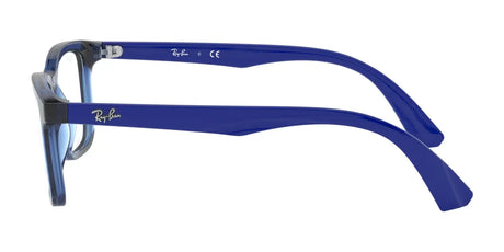 Side view of Ray-Ban RY1562 Eyeglasses in blue, showcasing a square design with the iconic logo on the temples and prescription-ready lenses, available in size 48.