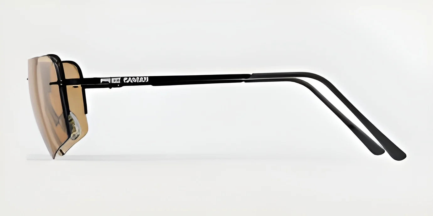 Side view of RE Ranger Edge Shooting Glasses by RE Ranger, showcasing futuristic angular lenses with tinted shades and sleek black, thin arms against a light background.