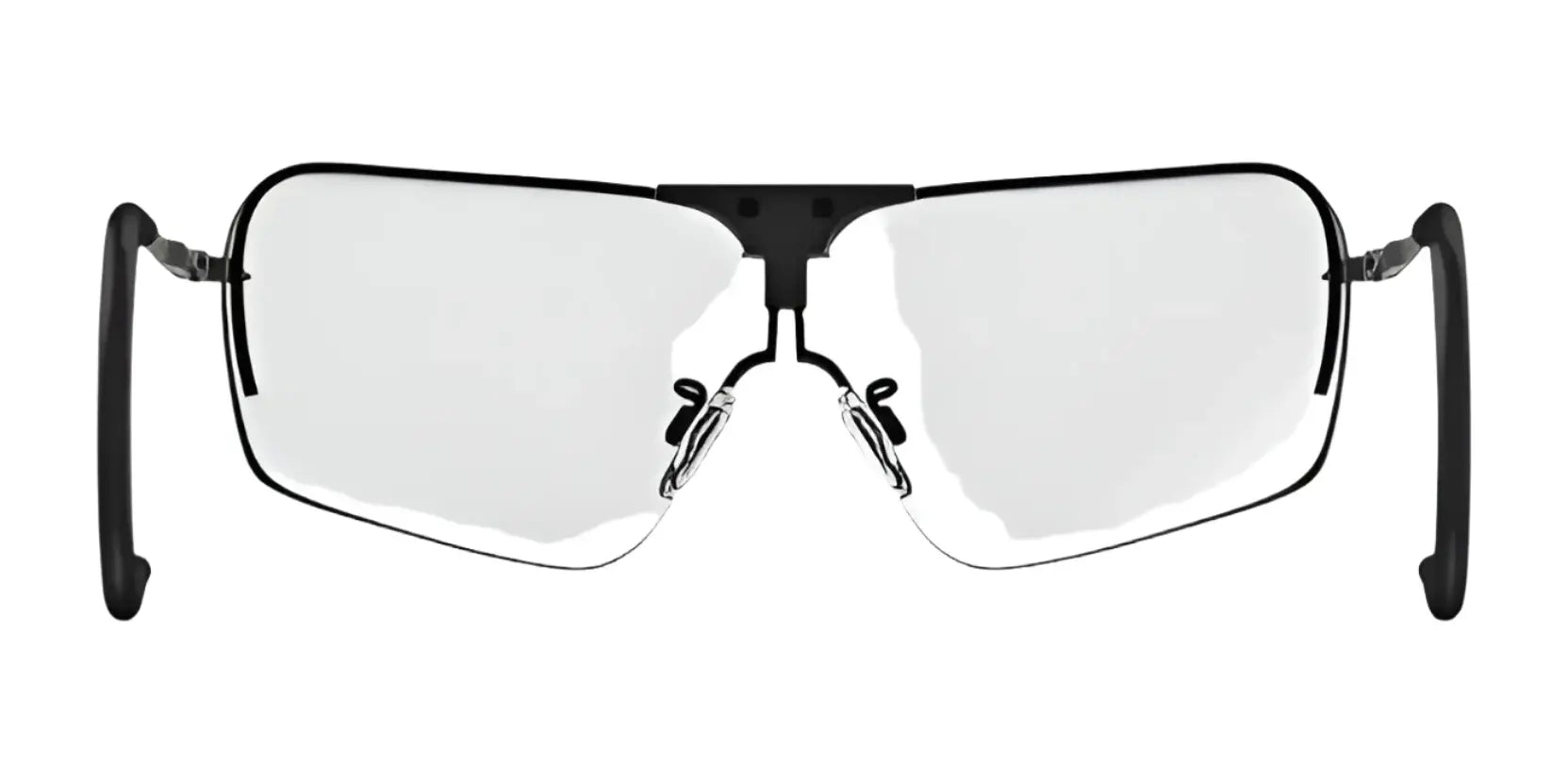 The RE Ranger Edge Shooting Glasses are rimless with rectangular Claysight lenses, black temples, and a dark bridge, set against a white background.