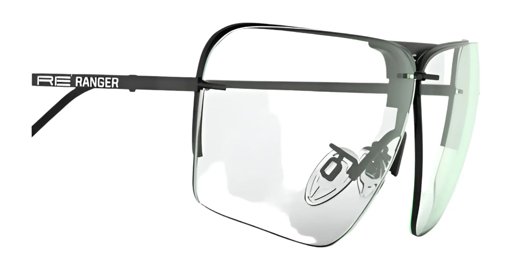 Black RE Ranger Edge Shooting Glasses with Claysight lenses are elegantly showcased on a white backdrop, blending style and precision.