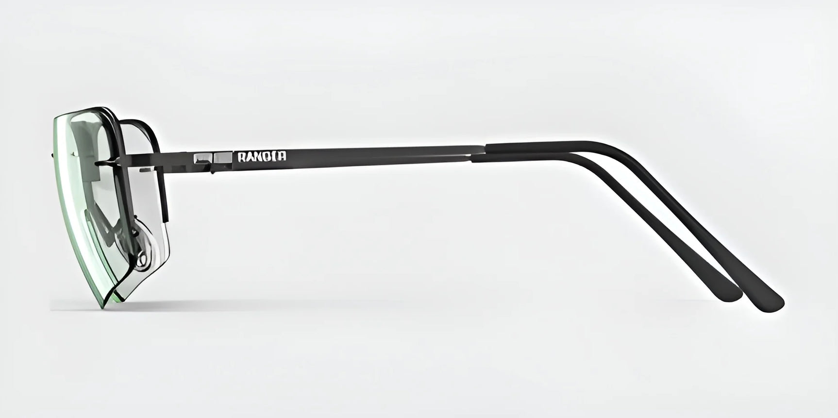 Side view of sleek black-framed RE Ranger Edge Shooting Glasses featuring interchangeable NexPC lenses with the brand name "RE Ranger" elegantly etched on the arm.