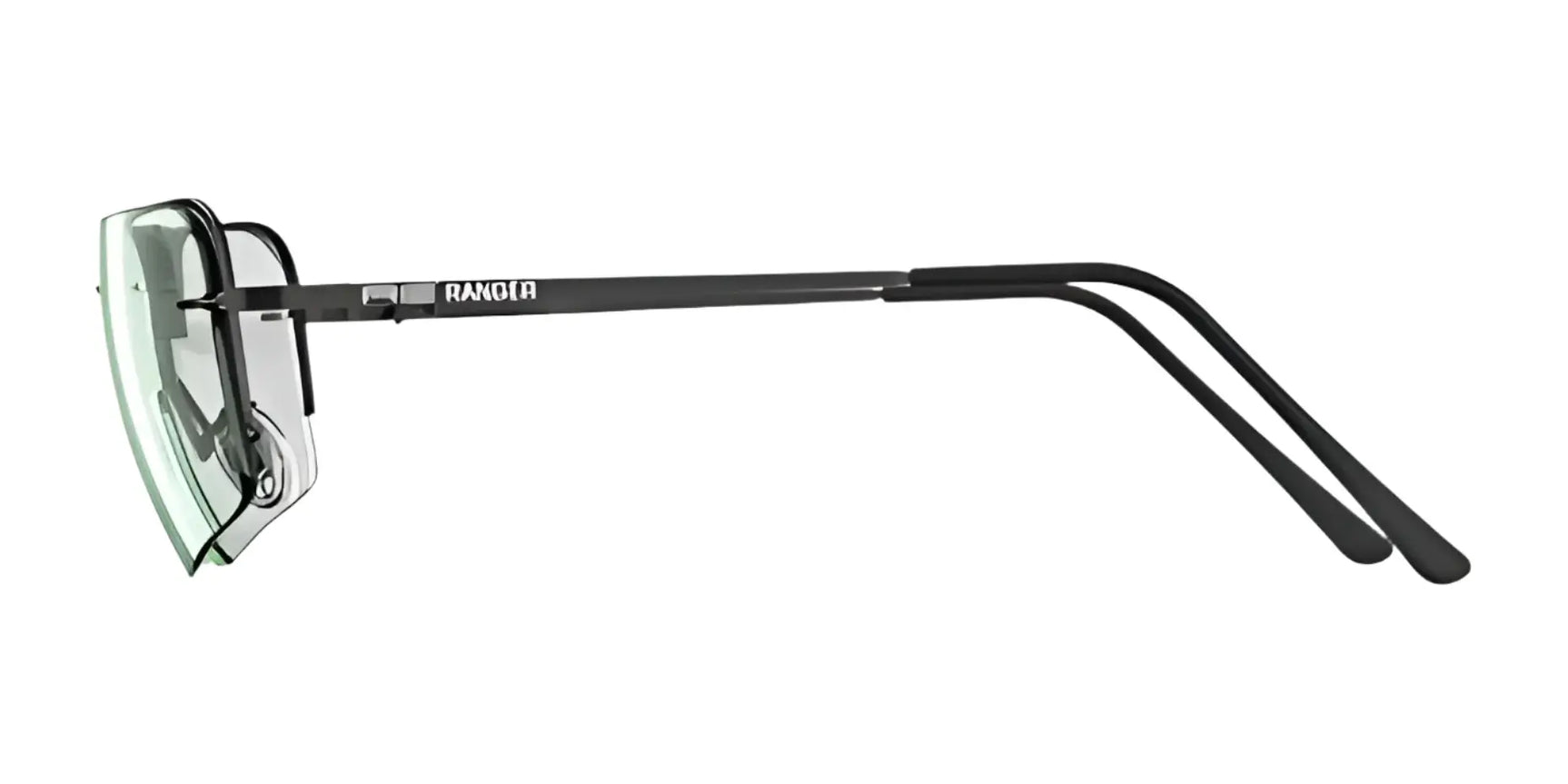 Side view of black RE Ranger Edge Shooting Glasses featuring Claysight lenses and a thin metal frame on a white background, offering enhanced clarity with precision shooting performance from RE Ranger.