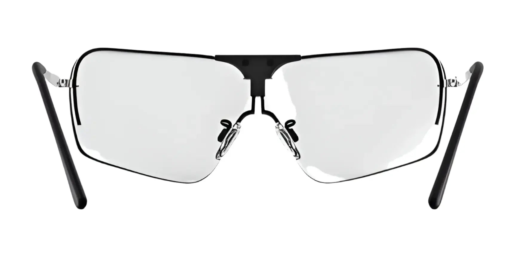 Front view of the rimless RE Ranger Edge Shooting Glasses with black temples and bridge, featuring Claysight lenses and nose pads for clear vision.