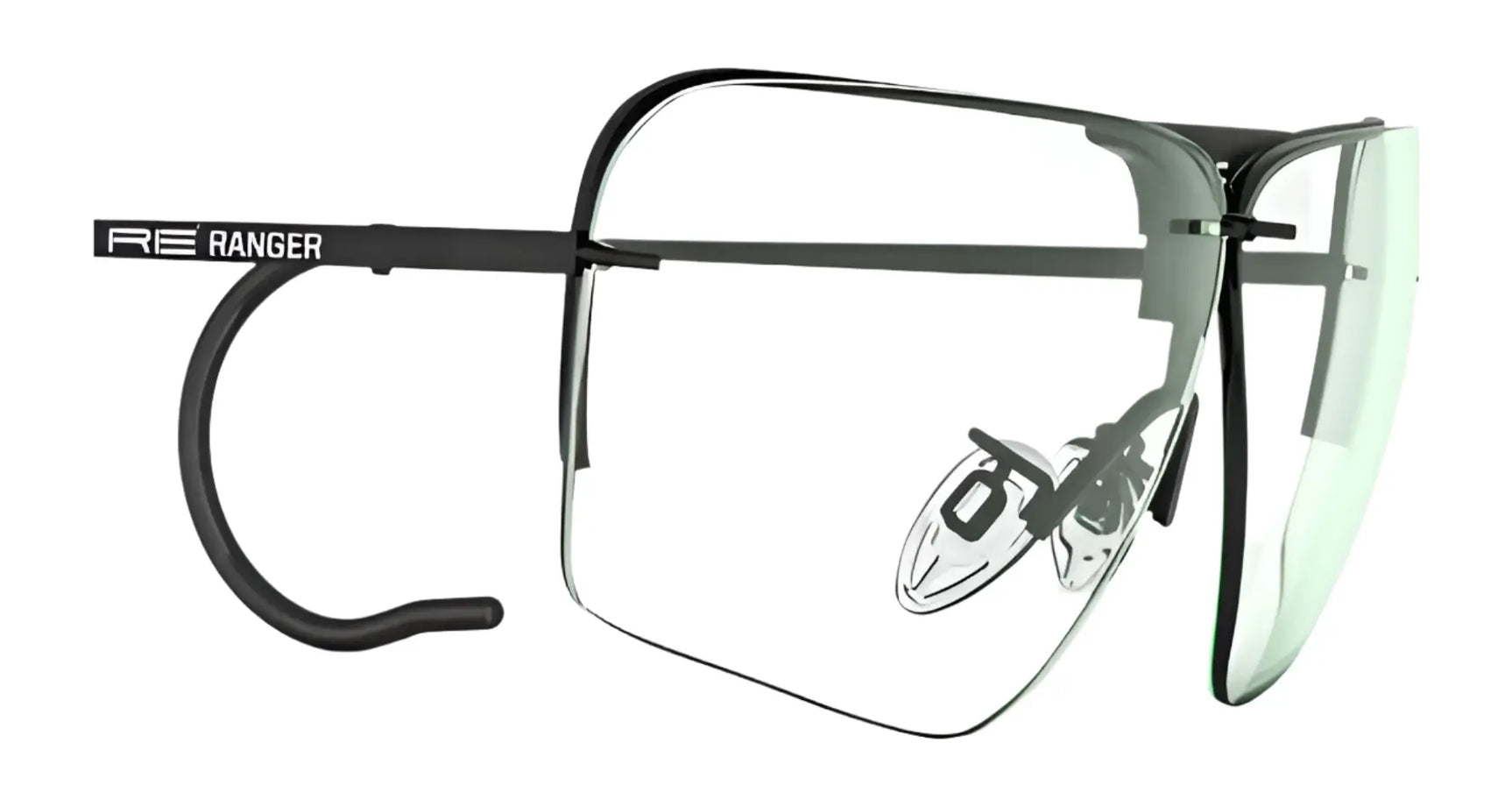 The RE Ranger Edge Shooting Glasses, featuring Claysight lenses and adjustable nose pads, combine precision and comfort with their sleek black metal frame on a white background, ideal for those seeking stylish shooting glasses.