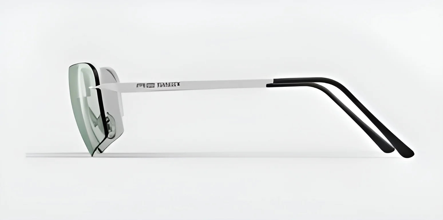 Side view of RE Ranger Edge Shooting Glasses featuring black arms and tinted, angular lenses by RE Ranger, designed for optimal optical performance against a plain background.