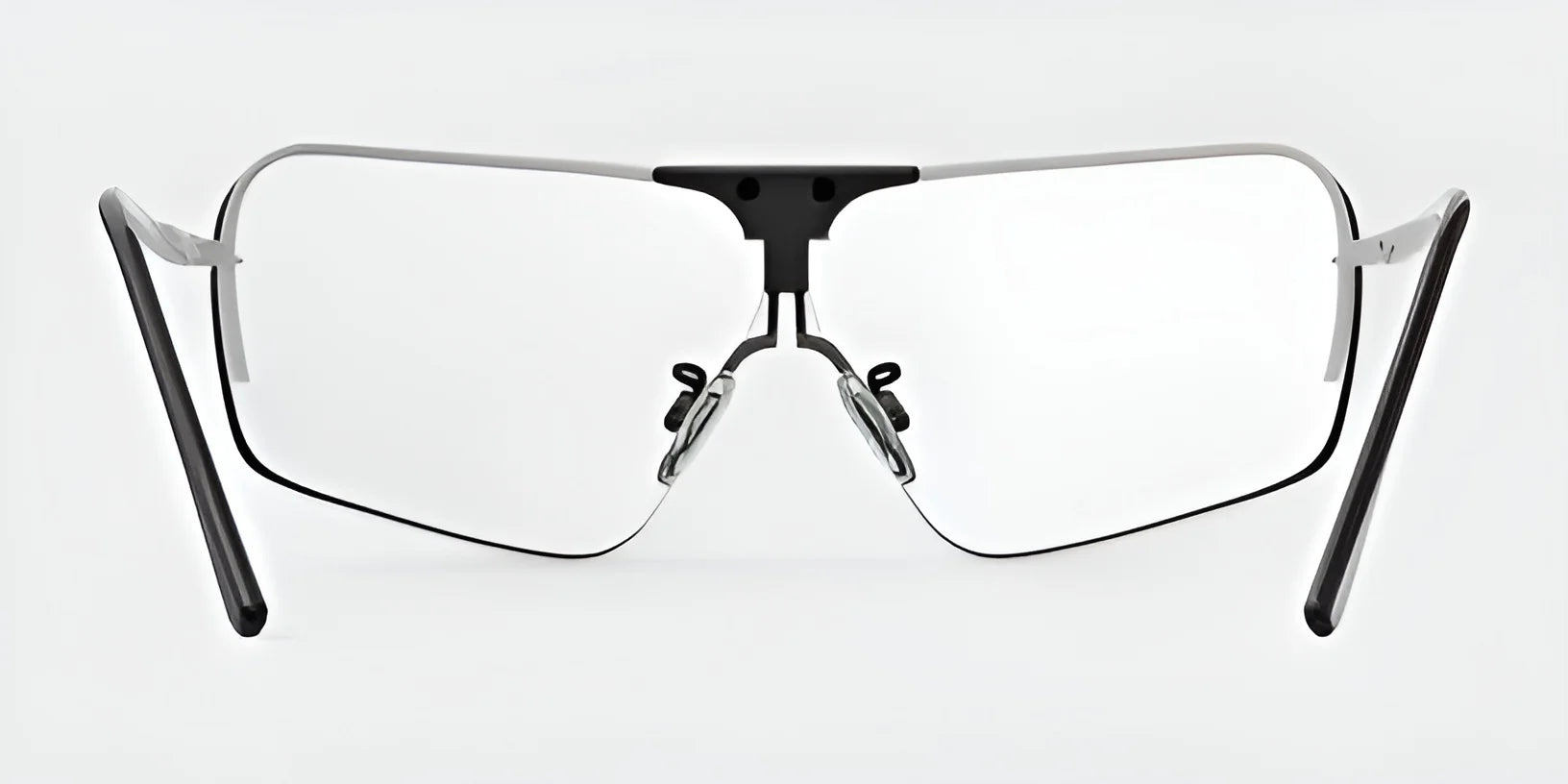 The RE Ranger Edge Shooting Glasses from RE Ranger showcase a minimalist design with angular lenses in a black and silver frame, engineered to deliver exceptional optical performance against a white background.