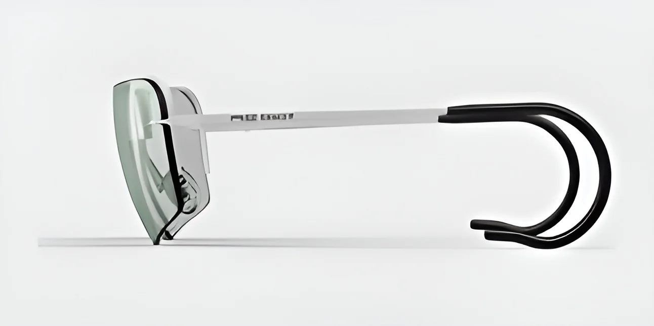 Side view of the sleek, modern RE Ranger Edge Shooting Glasses in black and white featuring angular lenses and curved temples on a plain background, designed for optimal optical performance.