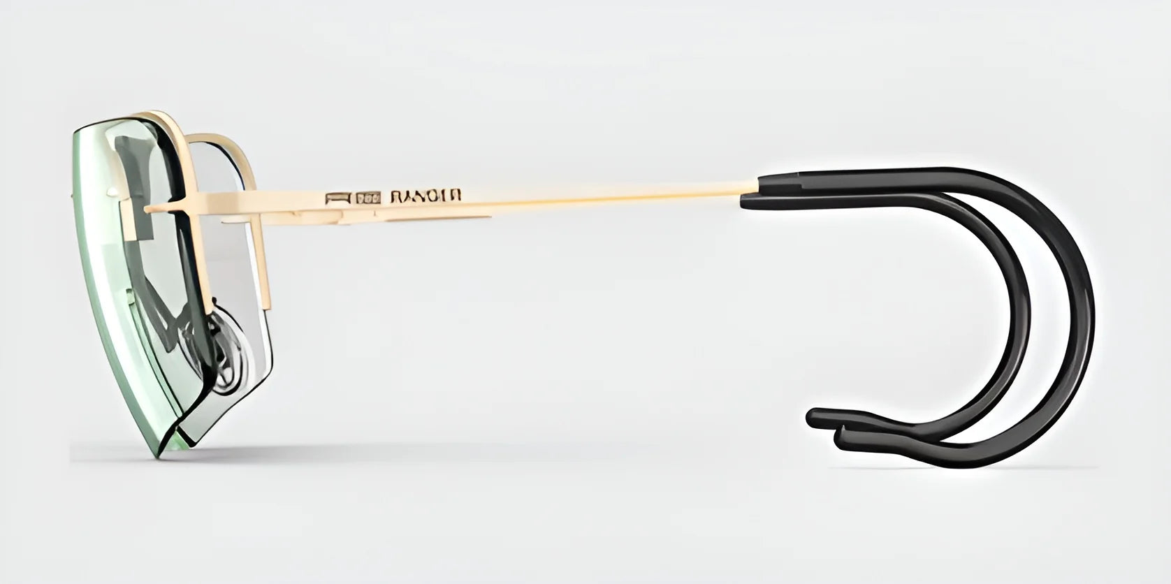 Side view of contemporary, frameless RE Ranger Edge Shooting Glasses featuring angular lenses and black curved temples on a light background, crafted by RE Ranger for superior optical performance.