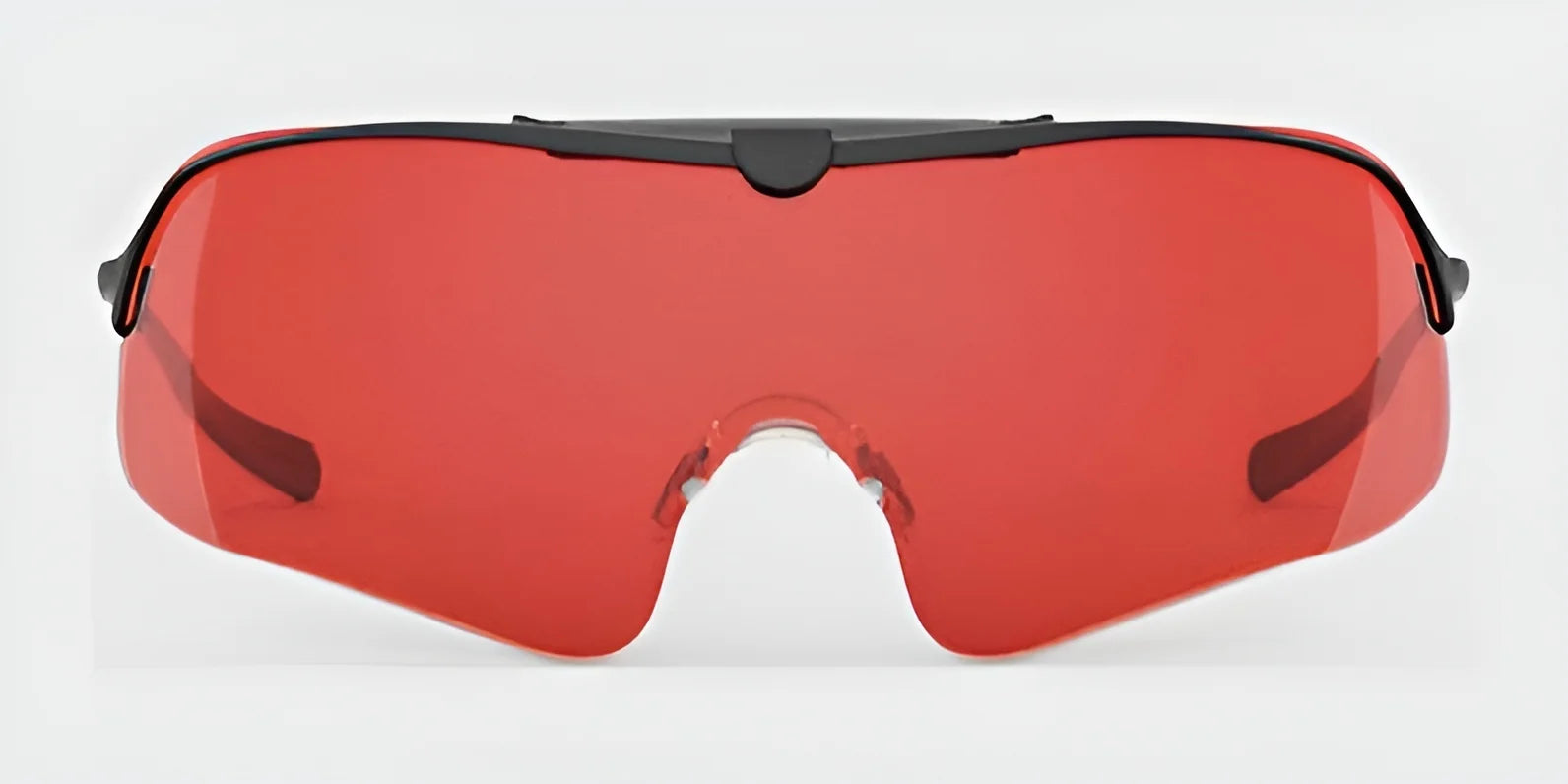 Introducing the RE Ranger Falcon Pro Shooting Glasses by RE Ranger, featuring a sleek, aerodynamic lens in a red tint paired with a black frame when viewed from the front. Designed for sports enthusiasts, these glasses combine style and performance with CombatCoat technology for enhanced durability.