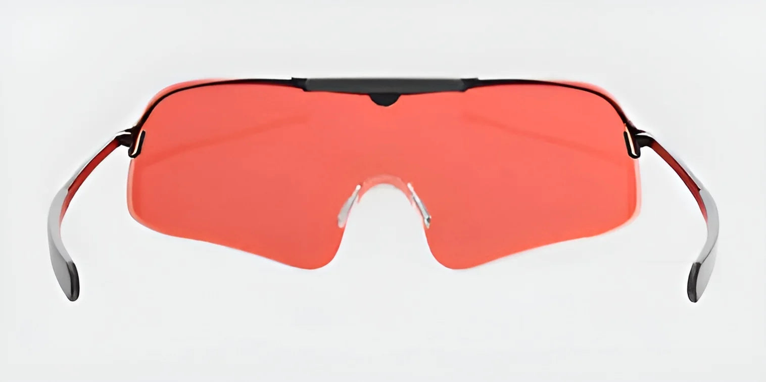 The RE Ranger Falcon Pro Shooting Glasses showcase an aerodynamic design with red-tinted lenses and black frame arms set against a white background.