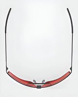 Aerial view of RE Ranger Falcon Pro Shooting Glasses with red frames and black temples on a white background, featuring aerodynamic lenses for precision.