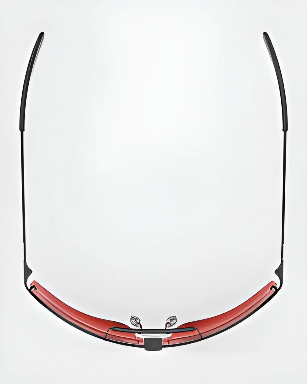 Aerial view of RE Ranger Falcon Pro Shooting Glasses with red frames and black temples on a white background, featuring aerodynamic lenses for precision.