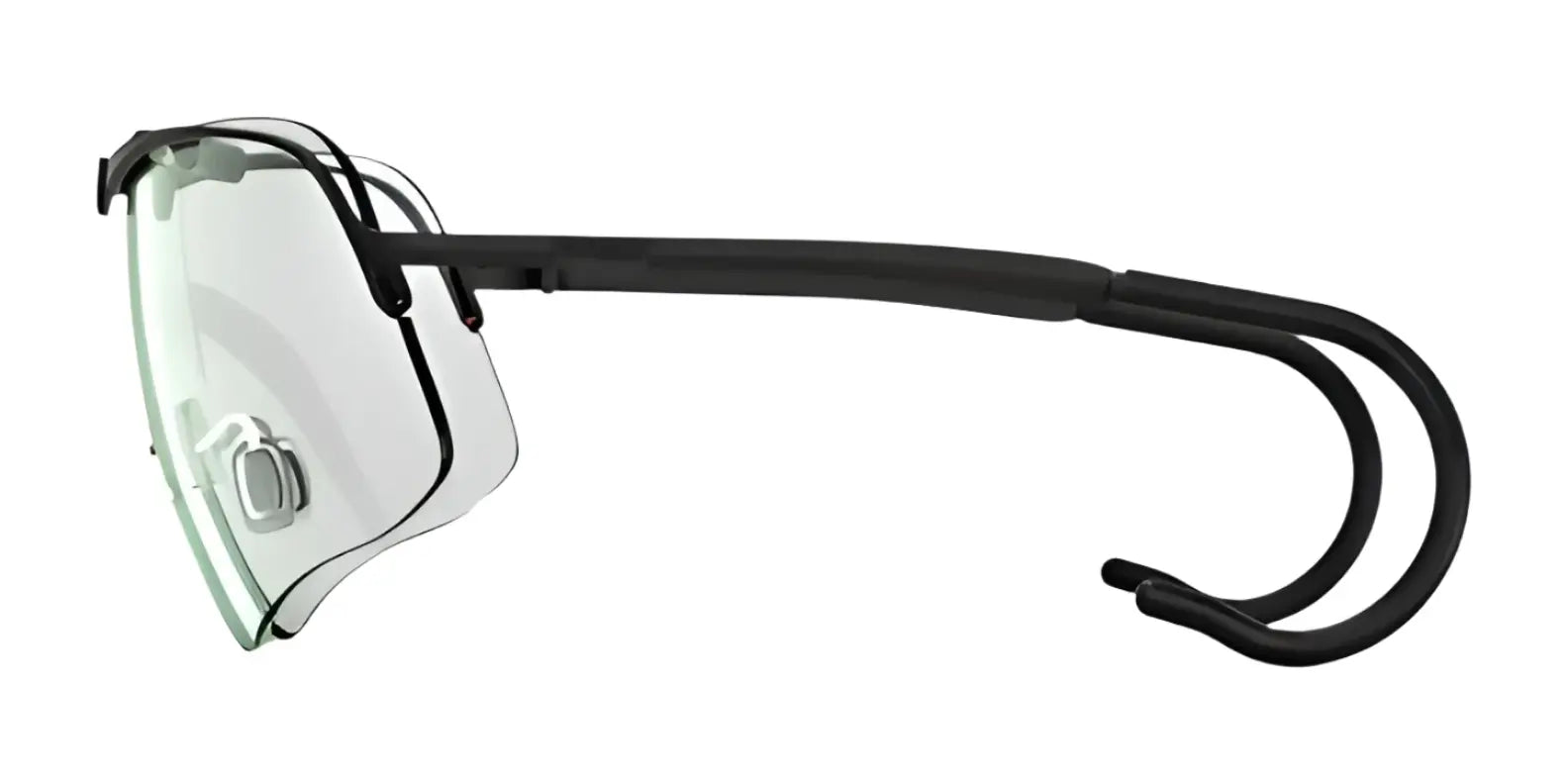 Side view of RE Ranger Falcon Pro Shooting Glasses showcasing a sleek black frame and aerodynamic lens with curved ear hooks.