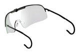 The RE Ranger Falcon Pro shooting glasses, by RE Ranger, feature a black-framed, rimless design with curved arms and transparent lenses showcasing an aerodynamic shape, isolated on a white background.