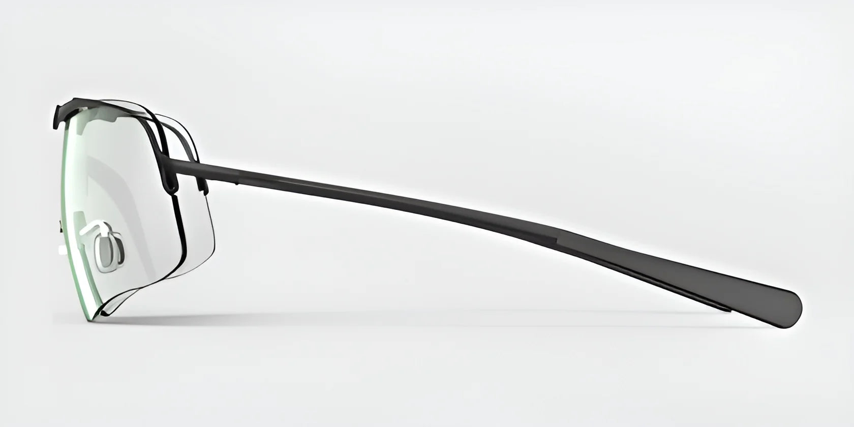 Side view of the RE Ranger Falcon Pro Shooting Glasses featuring sleek, aerodynamic lenses and thin black temples, set against a white background.