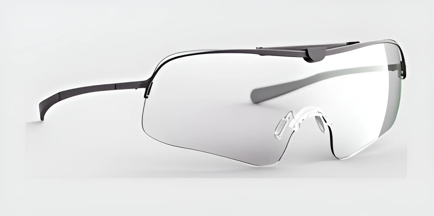 The RE Ranger Falcon Pro Shooting Glasses, featuring a sleek black frame and aerodynamic lens design, are ideal for shooting enthusiasts and are showcased on a light gray background.