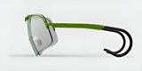 Side view of the RE Ranger Falcon Pro Shooting Glasses, showcasing their aerodynamic lens with green frames and black temples on a plain background.