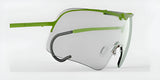 RE Ranger Falcon Pro Shooting Glasses by RE Ranger showcase a green frame with a large, single aerodynamic lens against a white backdrop.