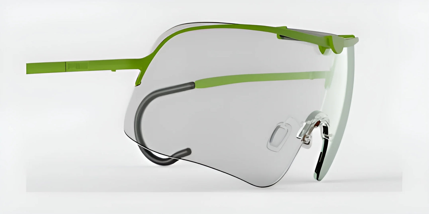 RE Ranger Falcon Pro Shooting Glasses by RE Ranger showcase a green frame with a large, single aerodynamic lens against a white backdrop.