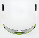 The image features RE Ranger Falcon Pro Shooting Glasses with a sleek, aerodynamic green frame and dark lenses, seen from above against a white backdrop.