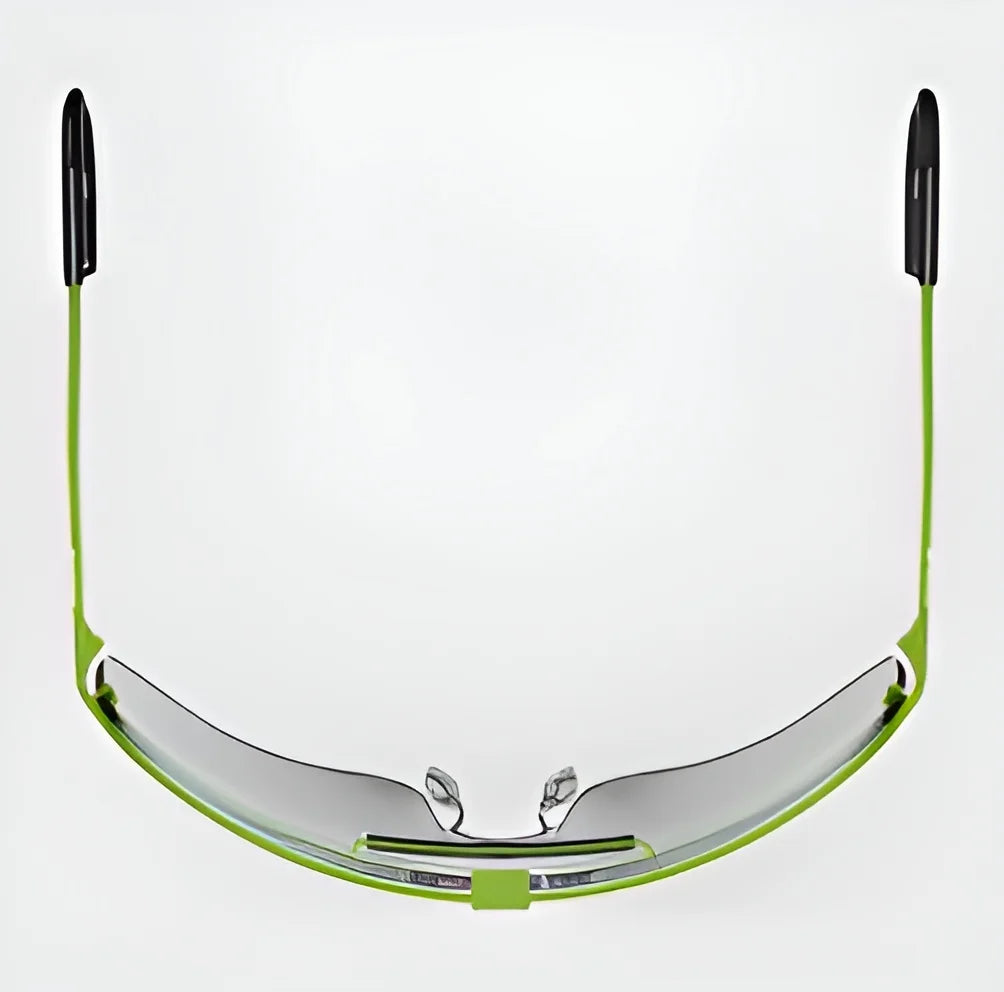 The image features RE Ranger Falcon Pro Shooting Glasses with a sleek, aerodynamic green frame and dark lenses, seen from above against a white backdrop.