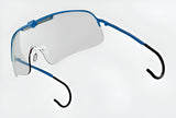 The RE Ranger Falcon Pro Shooting Glasses feature a minimalist design with blue and black rimless frames, aerodynamic lenses, and thin temples, all evoking the sleek style of shooting glasses against a light background.