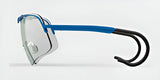 Side view of the RE Ranger Falcon Pro Shooting Glasses, showcasing their uniquely curved blue and black frames with hook-like arms and aerodynamic lenses ideal for shooting glasses enthusiasts.