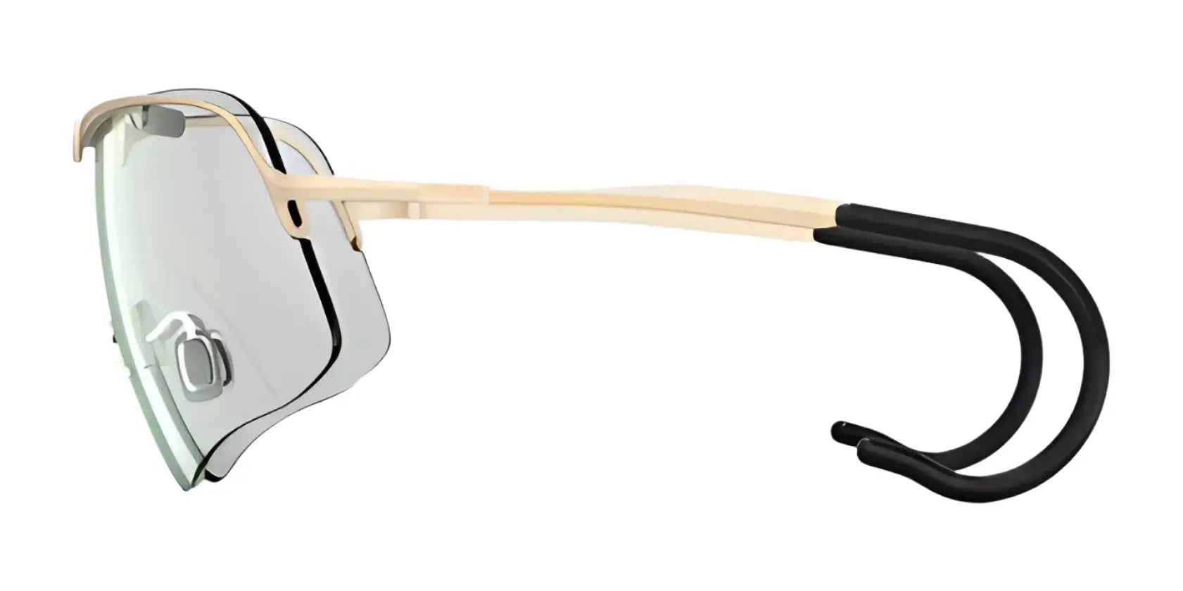 The RE Ranger Falcon Pro Shooting Glasses feature a beige frame, dark ear hooks, and clear lenses for ultimate clarity. These sleek, aerodynamic glasses offer both style and function.