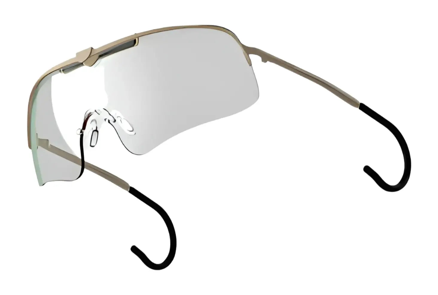 The RE Ranger Falcon Pro Shooting Glasses are thin, frameless, and feature aerodynamic lenses with beige temples and black curved earpieces against a white background.