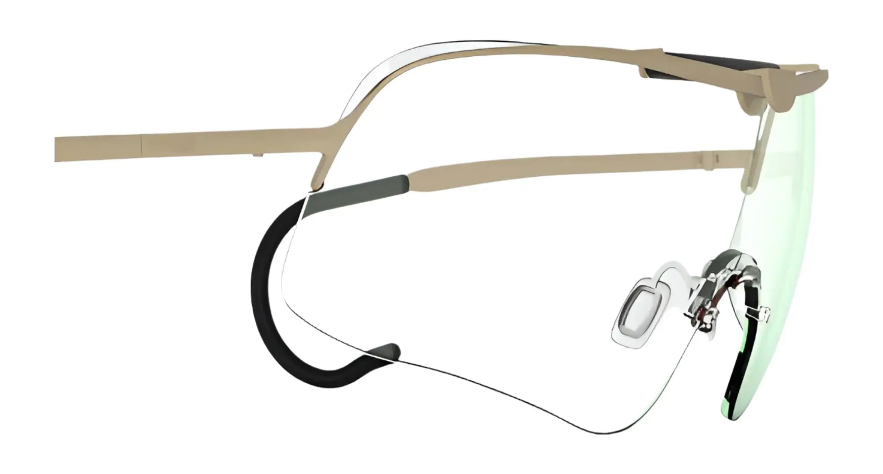 Streamlined RE Ranger Falcon Pro Shooting Glasses feature a futuristic, frameless design with a CombatCoat finish, aerodynamic lenses, an attached earpiece, and a thin wire underneath for efficiency and style.